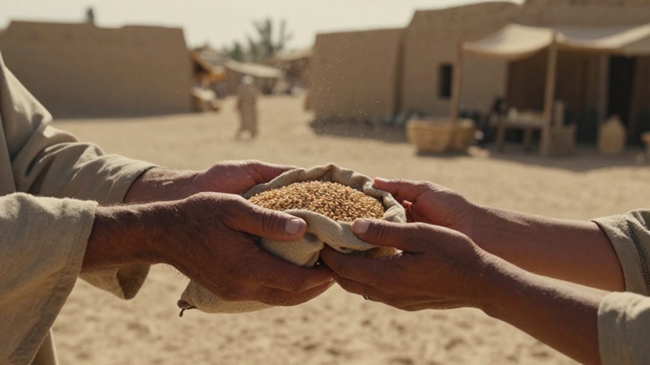 Unas manos trabajadoras entregan con cuidado un pequeño saco de grano a unas manos temblorosas en un mercado antiguo de la Palestina del siglo I.