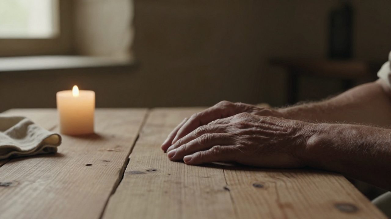 Unas manos curtidas descansan con suavidad sobre una mesa de madera rústica junto a una vela apagada en un entorno íntimo y tranquilo.