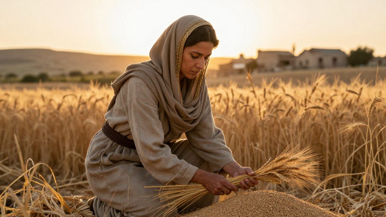 Mujer con vestimenta antigua recolectando espigas de cebada en un campo bajo la luz del atardecer.