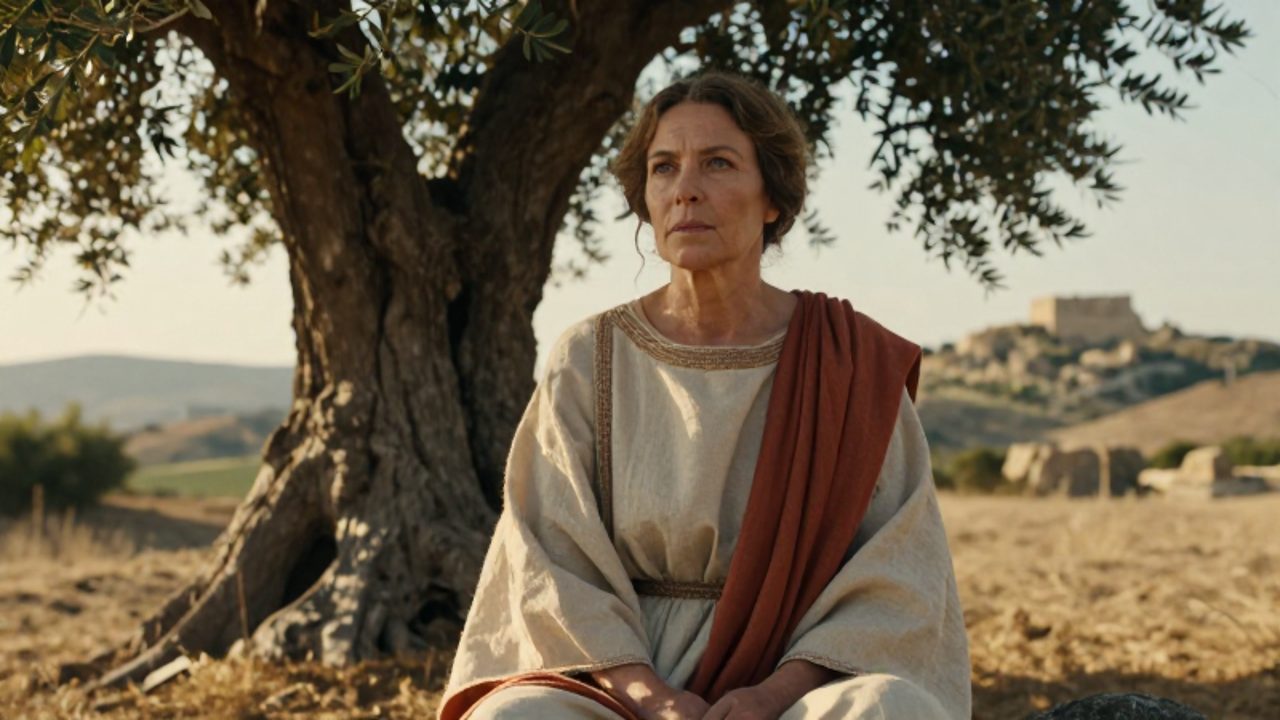 Mujer con vestimentas de lino sentada bajo un olivo en un paisaje mediterráneo, con expresión de sabiduría y liderazgo.