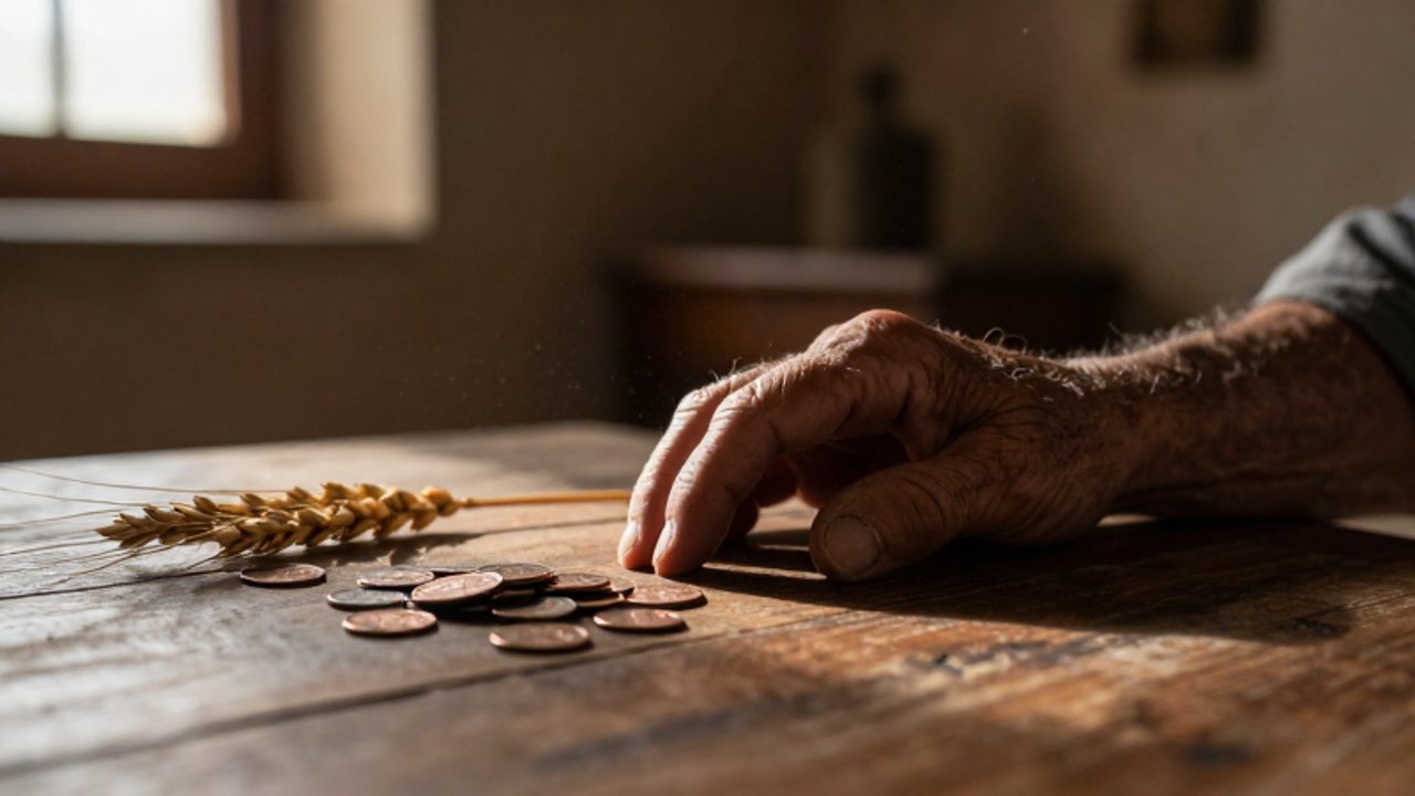 Una mano envejecida descansa sobre una mesa de madera junto a unas monedas de cobre y una espiga de trigo en un entorno rústico y tenue.