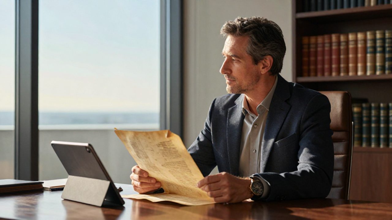 Hombre profesional sentado en un escritorio de madera revisando documentos antiguos y una tablet mientras contempla pensativo por la ventana de una oficina iluminada.