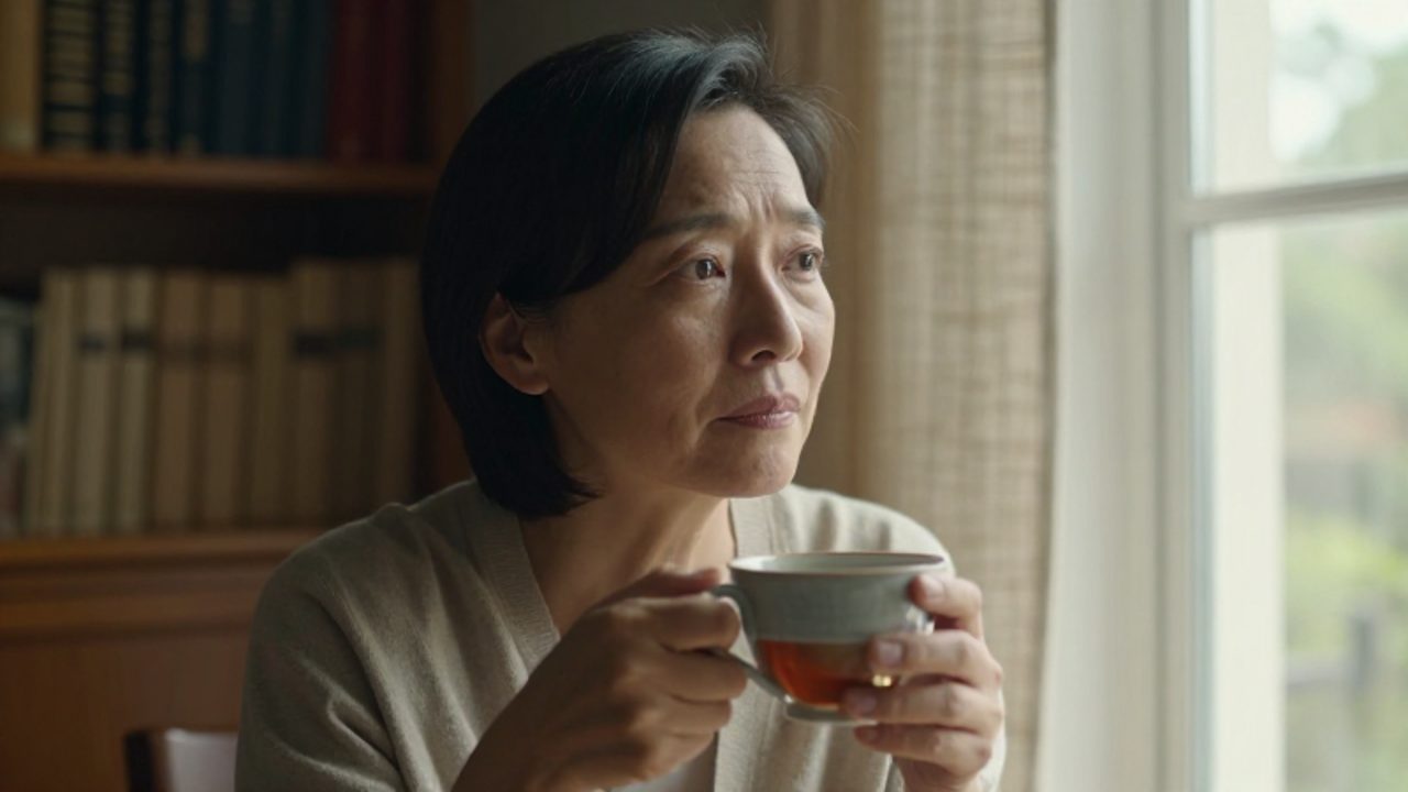 Persona de mediana edad sentada en un estudio iluminado por el sol, mirando pensativa por la ventana con una taza de té en la mano.