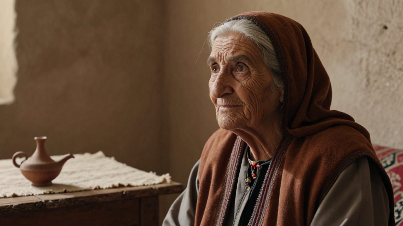 Mujer anciana de expresión serena y sabia sentada en una habitación rústica con una lámpara de aceite de barro sobre una mesa de madera.