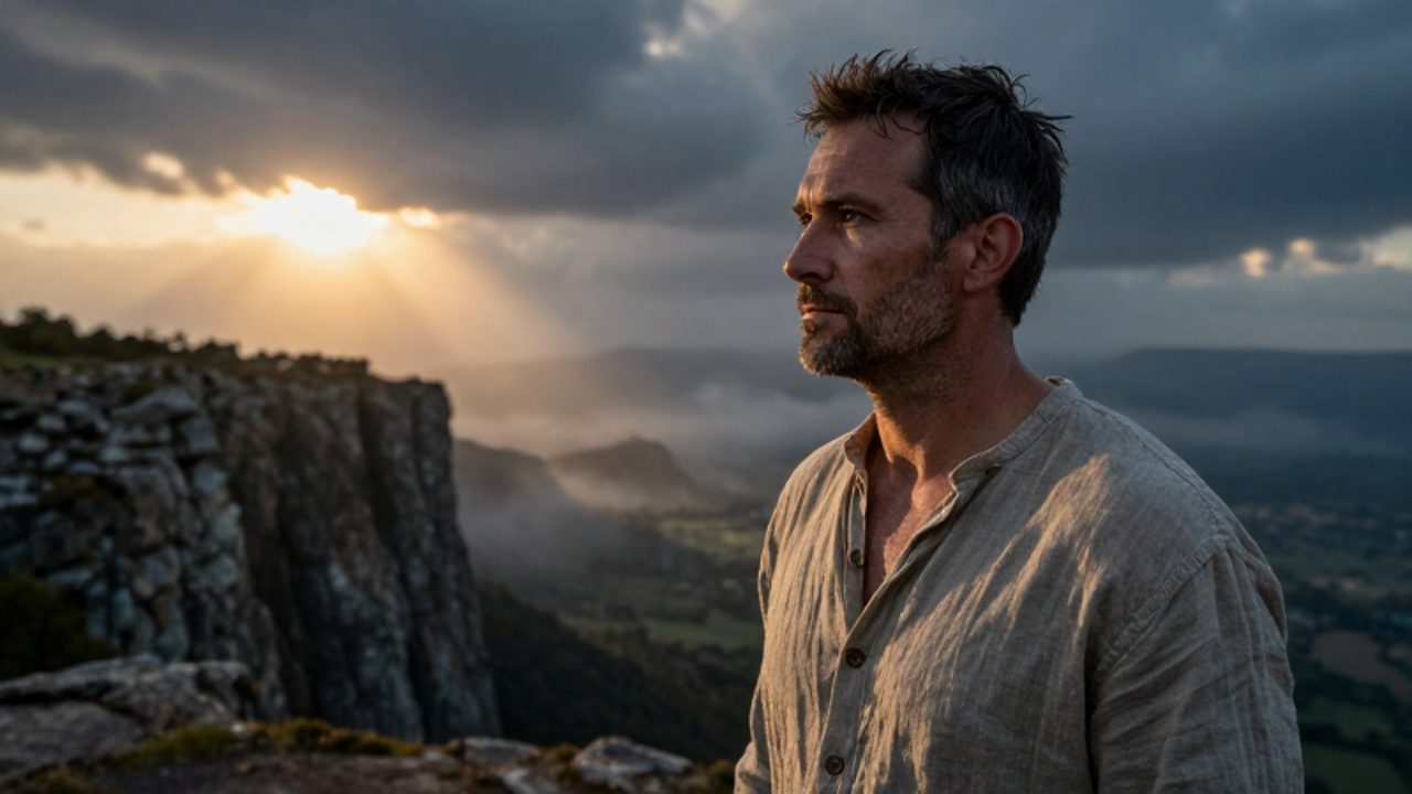 Hombre de mediana edad con expresión decidida observa un valle neblinoso desde un acantilado al amanecer.