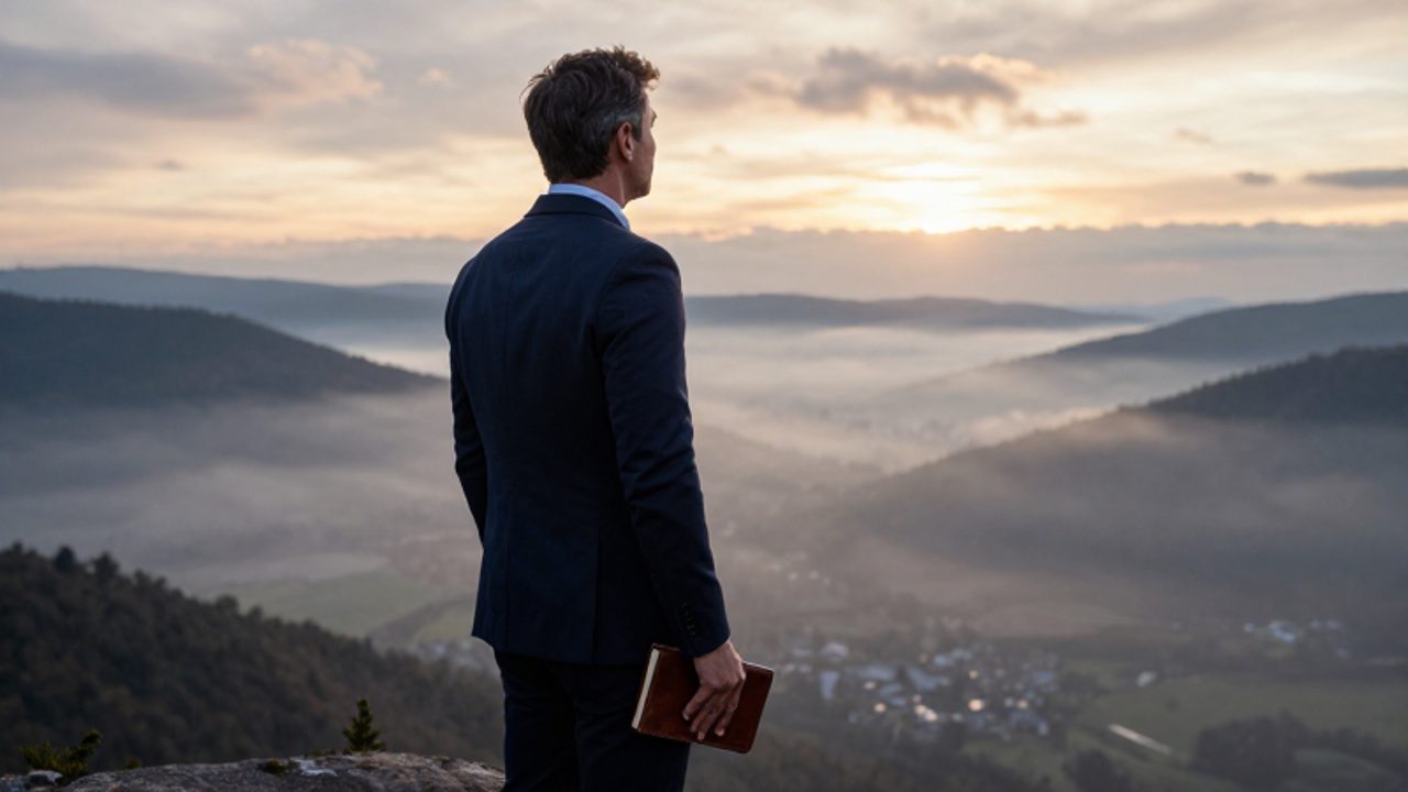 Hombre maduro con vestimenta profesional observa un valle con niebla desde un mirador al amanecer mientras sostiene un diario de cuero.