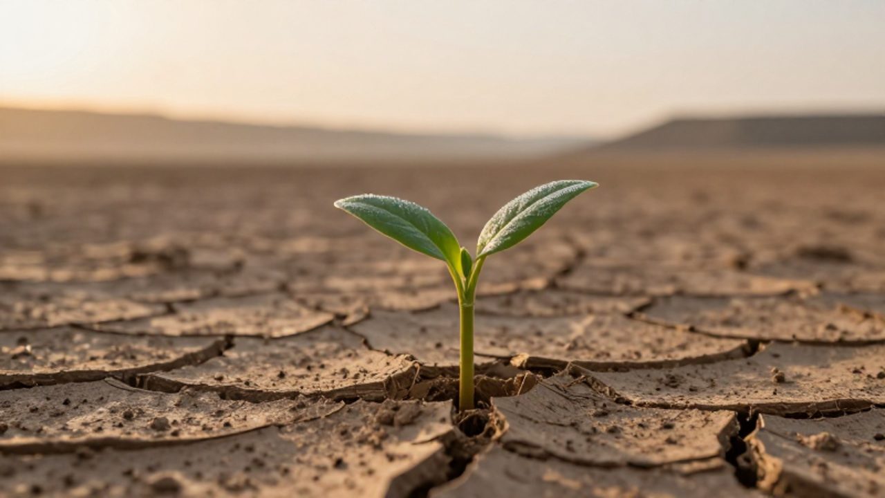 Un pequeño brote verde nace de la tierra seca y agrietada de un desierto bajo la luz del amanecer.