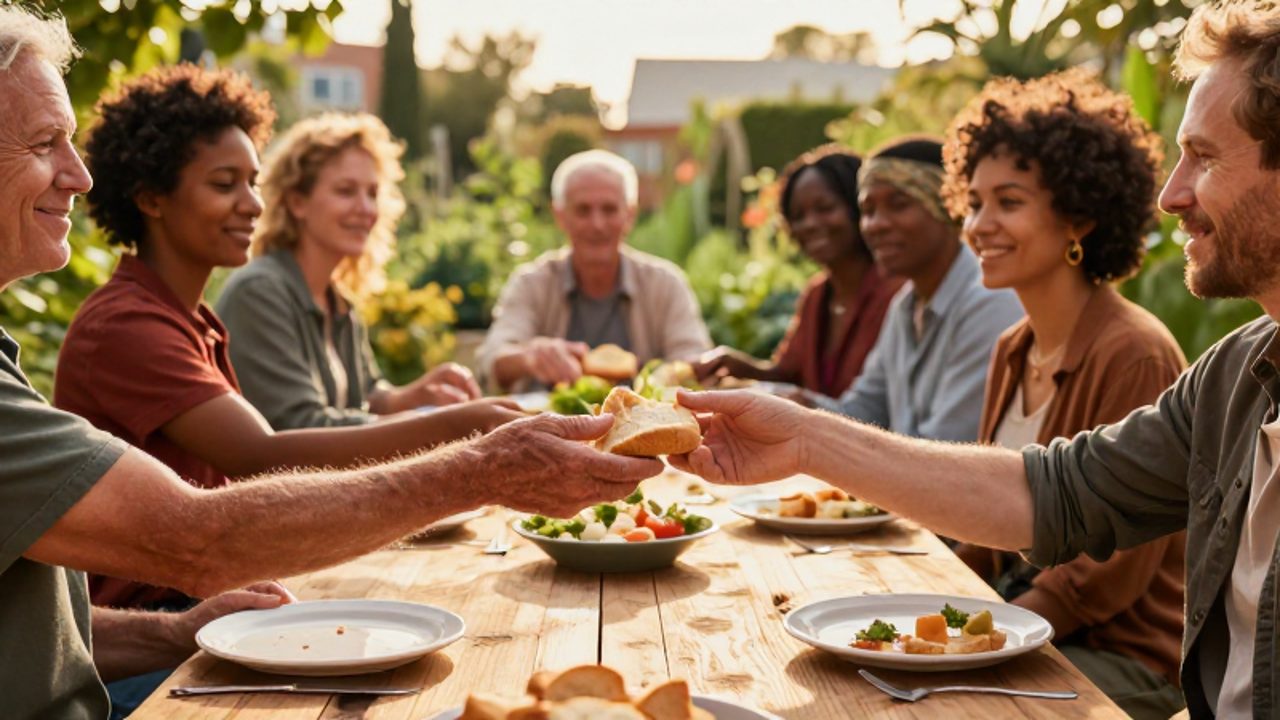 Personas de diversas edades comparten una comida en una mesa de madera dentro de un jardín comunitario, con un primer plano de unas manos ofreciendo pan a otra persona.