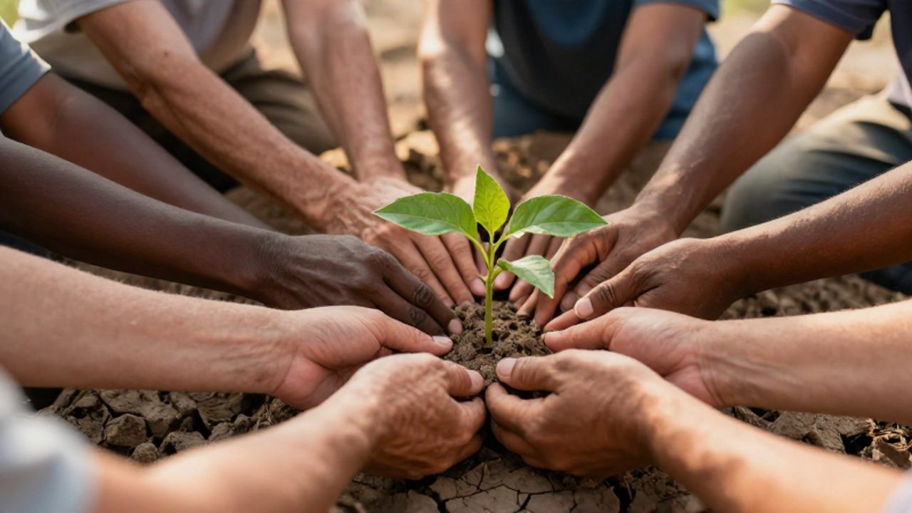Manos de diversas edades y tonos de piel se unen en círculo para proteger un pequeño brote verde que crece en tierra seca.
