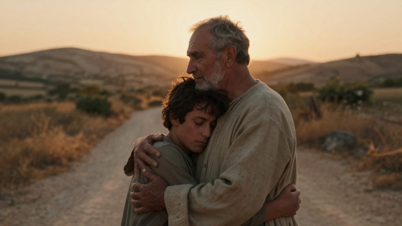 Un padre de edad avanzada abraza con ternura a su hijo desaliñado en un camino rural durante el atardecer.
