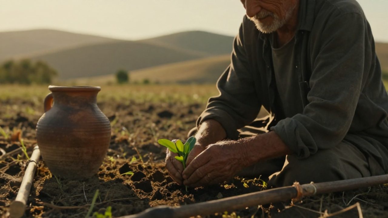 Un hombre de manos curtidas cuida con paciencia una pequeña planta verde en un campo iluminado por la luz cálida del atardecer.