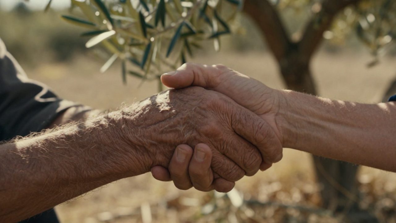 Dos manos de distintas edades se sujetan con fuerza en un gesto de apoyo y solidaridad bajo la luz cálida del atardecer.