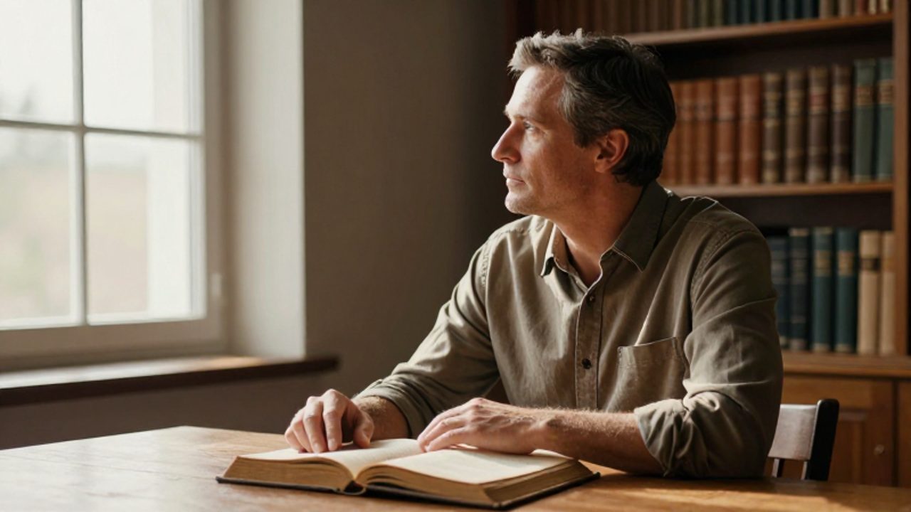 Hombre de mediana edad con expresión serena y decidida observa por una ventana en un estudio iluminado, con las manos apoyadas sobre un libro antiguo.