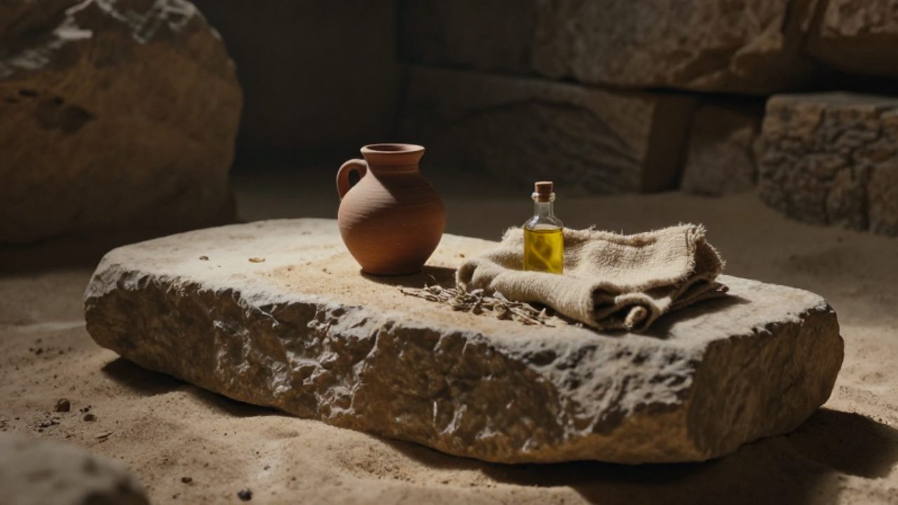 Lámina de piedra antigua junto a un recipiente de terracota con aceites aromáticos y tela de lino en el interior de una cueva.