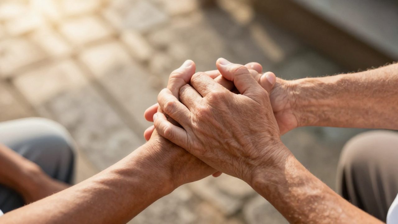 Dos manos curtidas se entrelazan suavemente en un gesto de reconciliación bajo una luz cálida y natural.
