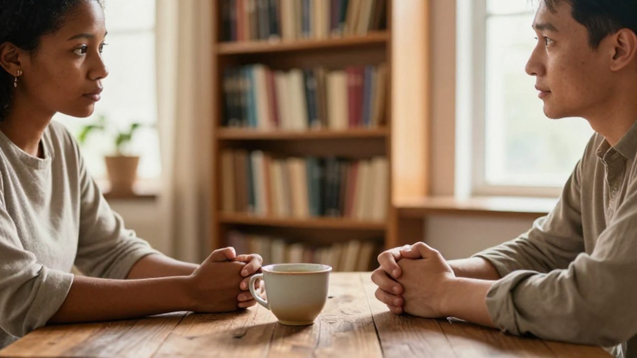 Dos personas conversan con empatía y alivio sentadas frente a frente en una mesa de madera dentro de una biblioteca iluminada por el sol.