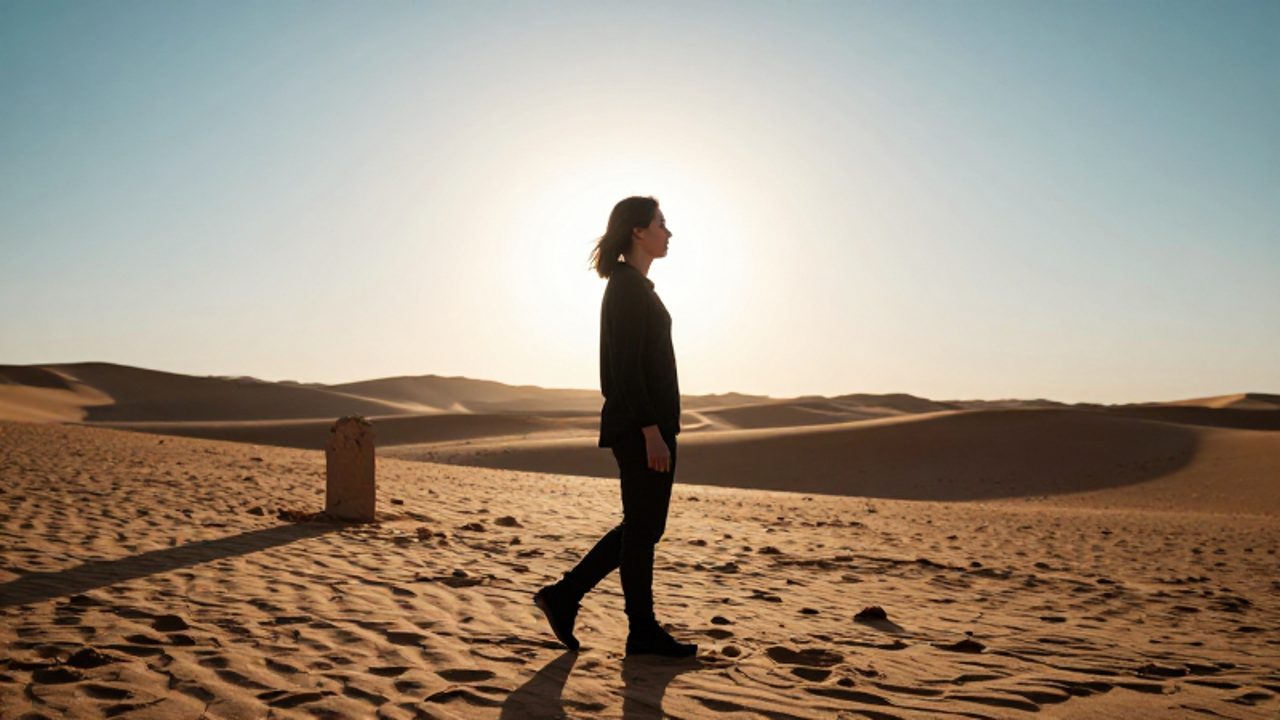 Una persona camina hacia un horizonte luminoso en un desierto, simbolizando la transición de la sombra hacia la luz y el inicio de un nuevo camino.