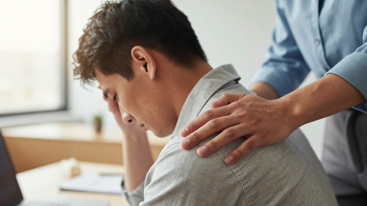 Una persona apoya su mano con empatía en el hombro de un colega que parece estresado en una oficina luminosa.