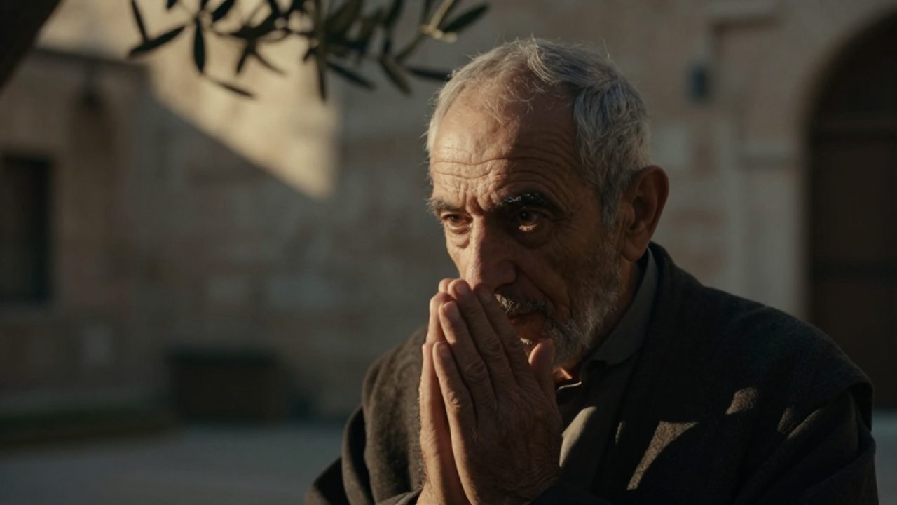 Hombre anciano de expresión vulnerable inclina su rostro en oración bajo un rayo de luz en un patio de piedra antiguo.
