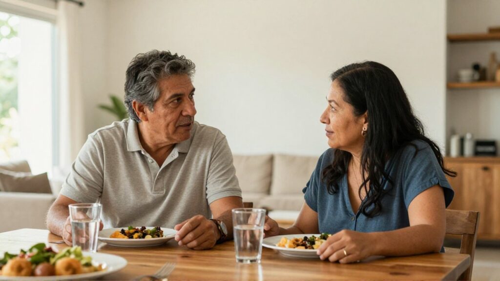 Un hombre y una mujer comparten una comida en una mesa de madera dentro de una casa iluminada.