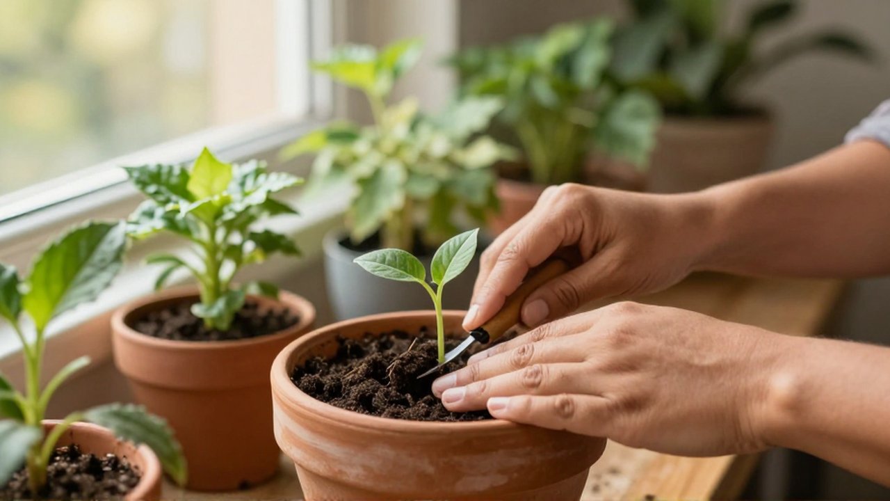 Una persona cuida un pequeño brote verde en una maceta de terracota con una herramienta manual.