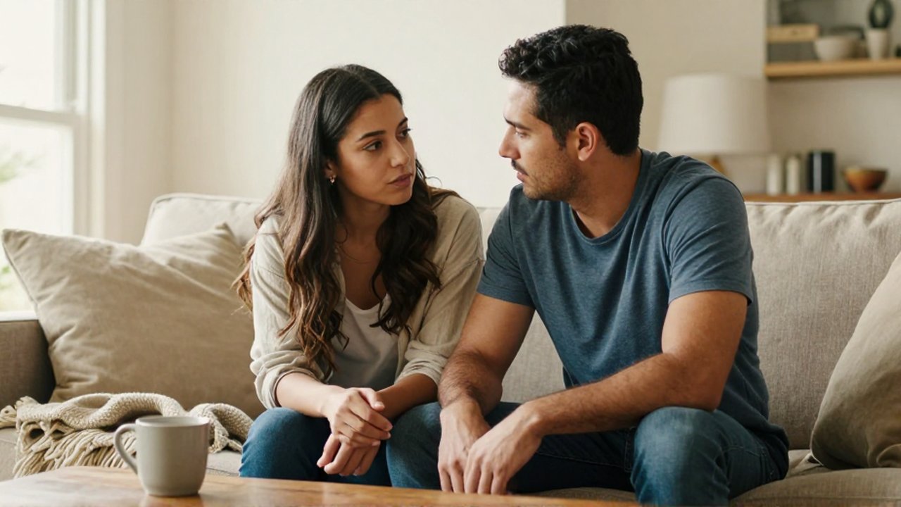 Un hombre y una mujer conversan sentados juntos en un sofá de una sala iluminada.