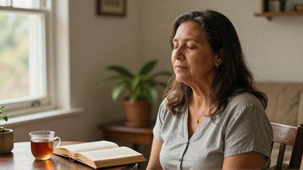Mujer latinoamericana de mediana edad con ojos cerrados sentada junto a una mesa con un libro y té.