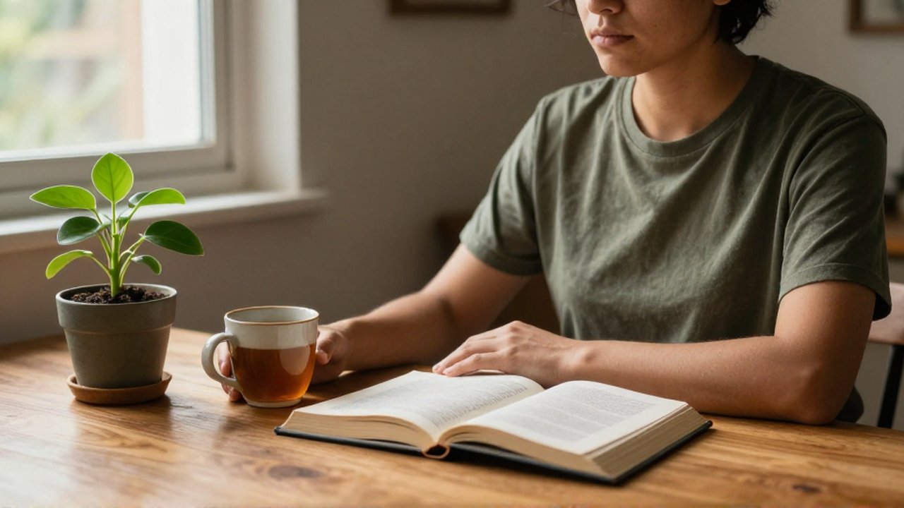 Persona sentada frente a un libro con una taza de té y una planta en una mesa de madera.