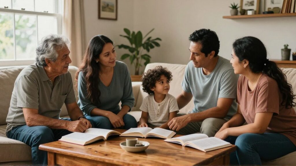 Tres generaciones de una familia latina conversan sentadas alrededor de una mesa de madera en una sala iluminada.