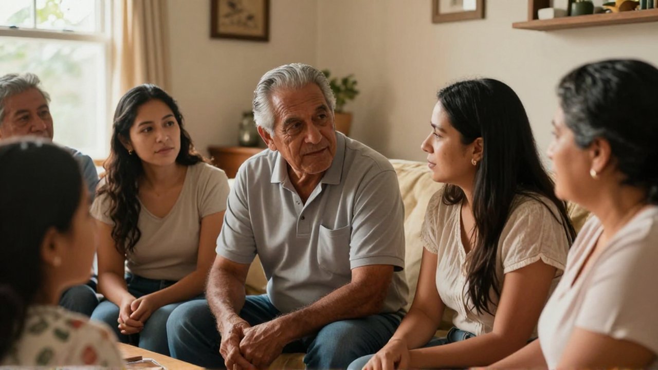 Una familia latinoamericana conversa atentamente en una sala iluminada por luz natural.