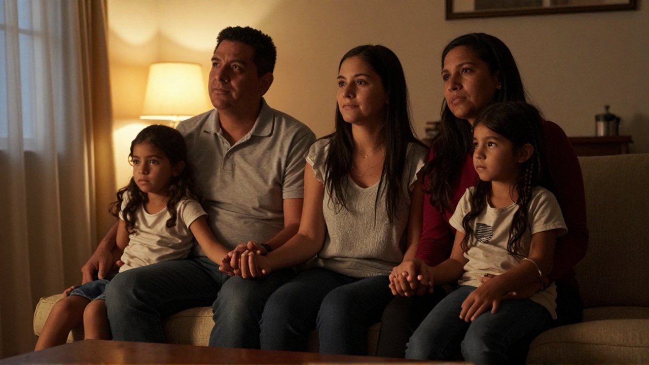 Una familia de cuatro personas se sienta unida en un banco de una sala iluminada suavemente.