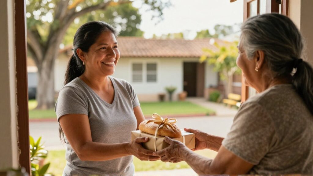 Una mujer latina sonríe mientras entrega un regalo y pan artesanal a una vecina mayor en una puerta.