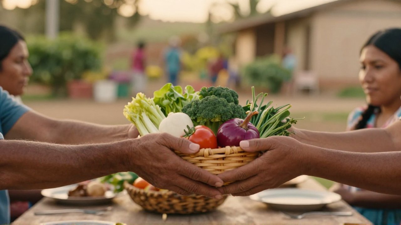 Dos personas intercambian una cesta de verduras coloridas sobre una mesa en un entorno natural.