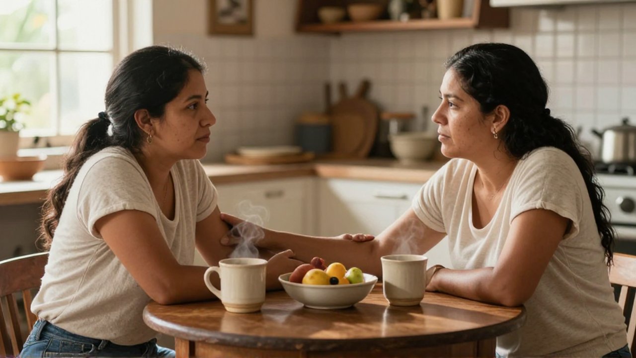 Dos mujeres sentadas frente a frente en una cocina iluminada, con una de ellas tocando el brazo de la otra.