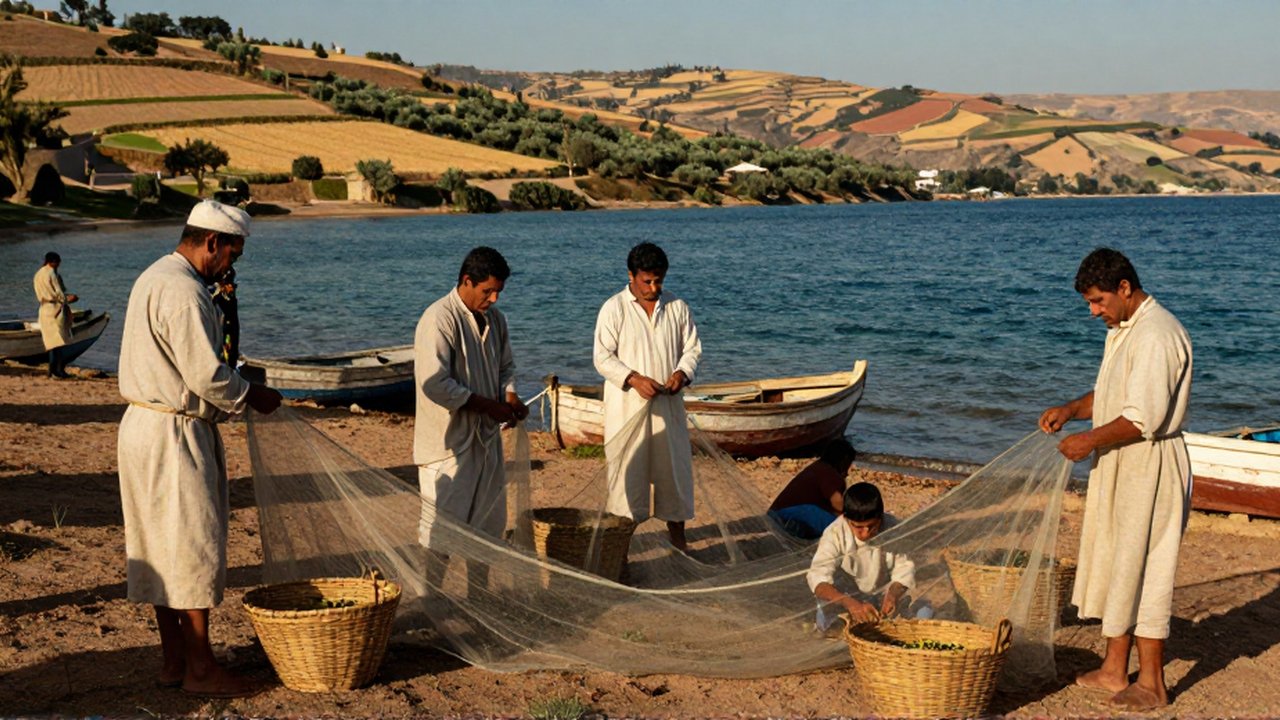 Personas con ropas de lino reparan redes de pesca y recolectan aceitunas frente al Mar de Galilea.