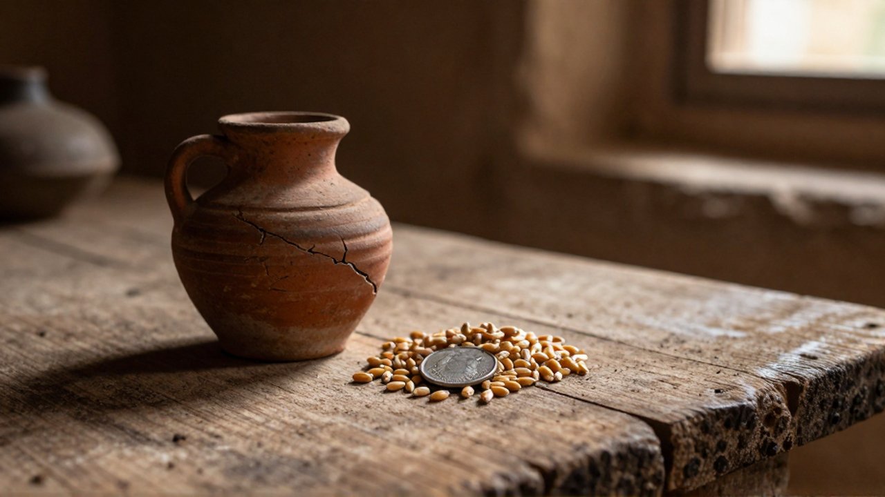 Pequeña lámpara de aceite de cerámica agrietada junto a granos de trigo y una moneda de plata en una superficie de madera.