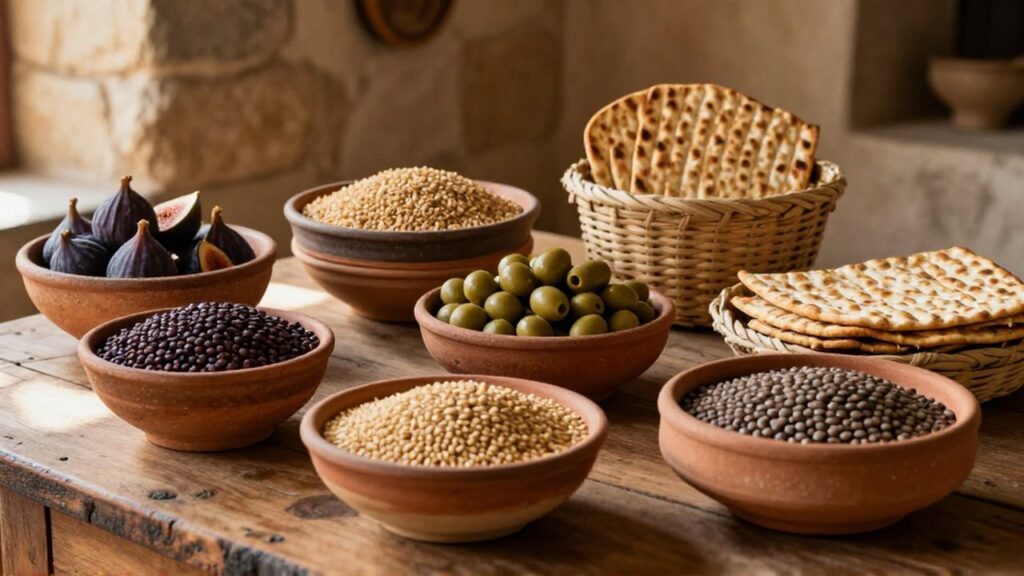 Cuencos de barro y cestas de mimbre con lentejas