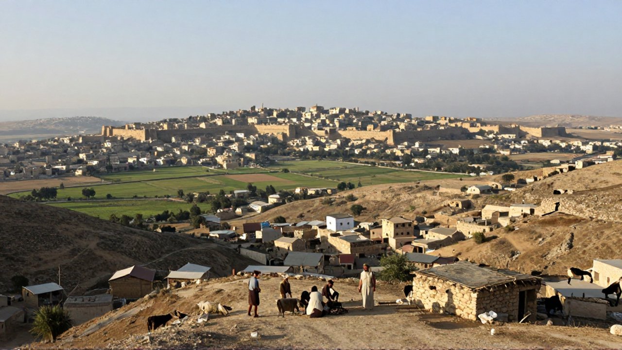 Paisaje histórico con una ciudad amurallada al fondo y pequeñas viviendas dispersas en colinas rocosas.