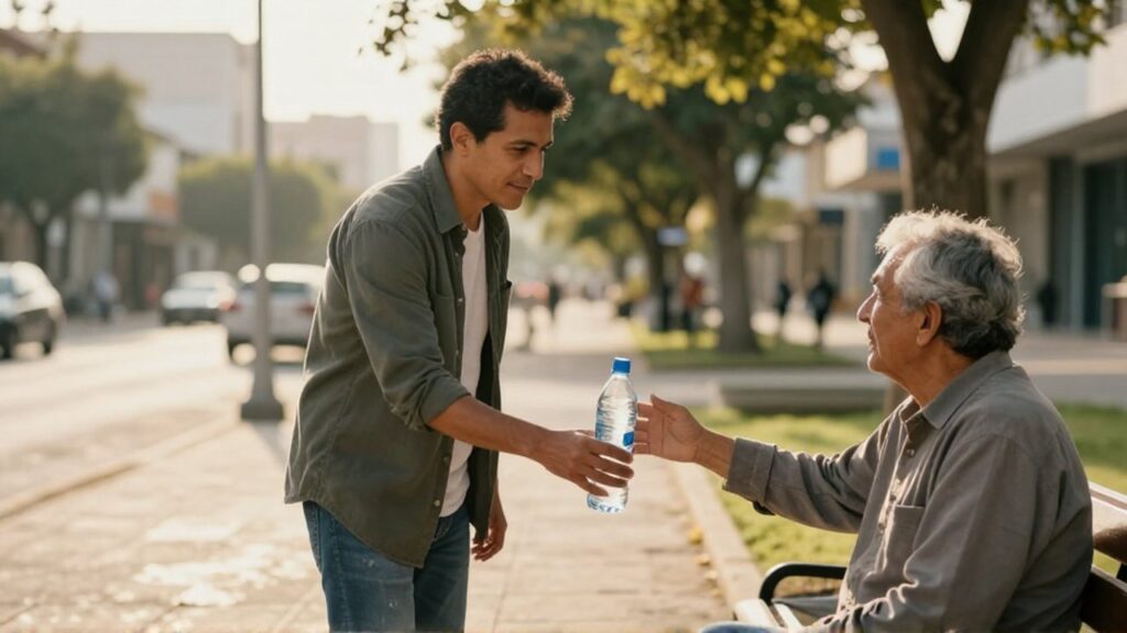 Un hombre joven ofrece una botella de agua a una persona mayor sentada en un banco de la plaza.