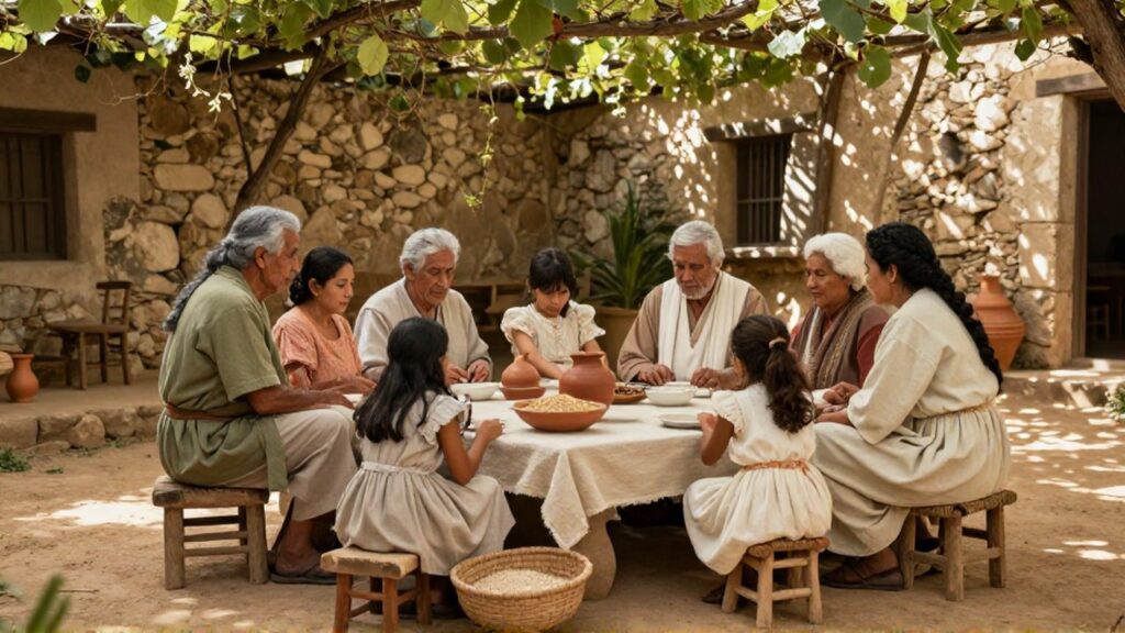 Una familia de diversas edades comparte alimentos sobre una mesa de madera en un patio rústico.