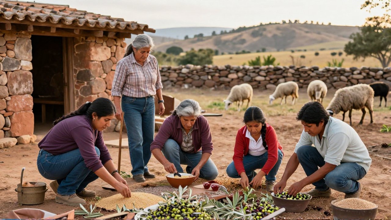 Familia latinoamericana trabajando la cosecha de granos y aceitunas cerca de una casa de piedra.
