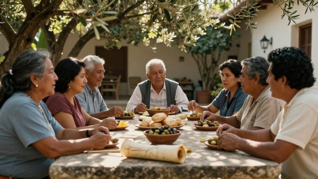 Personas de diversas edades comparten comida y pergaminos alrededor de una mesa de piedra en un patio soleado.