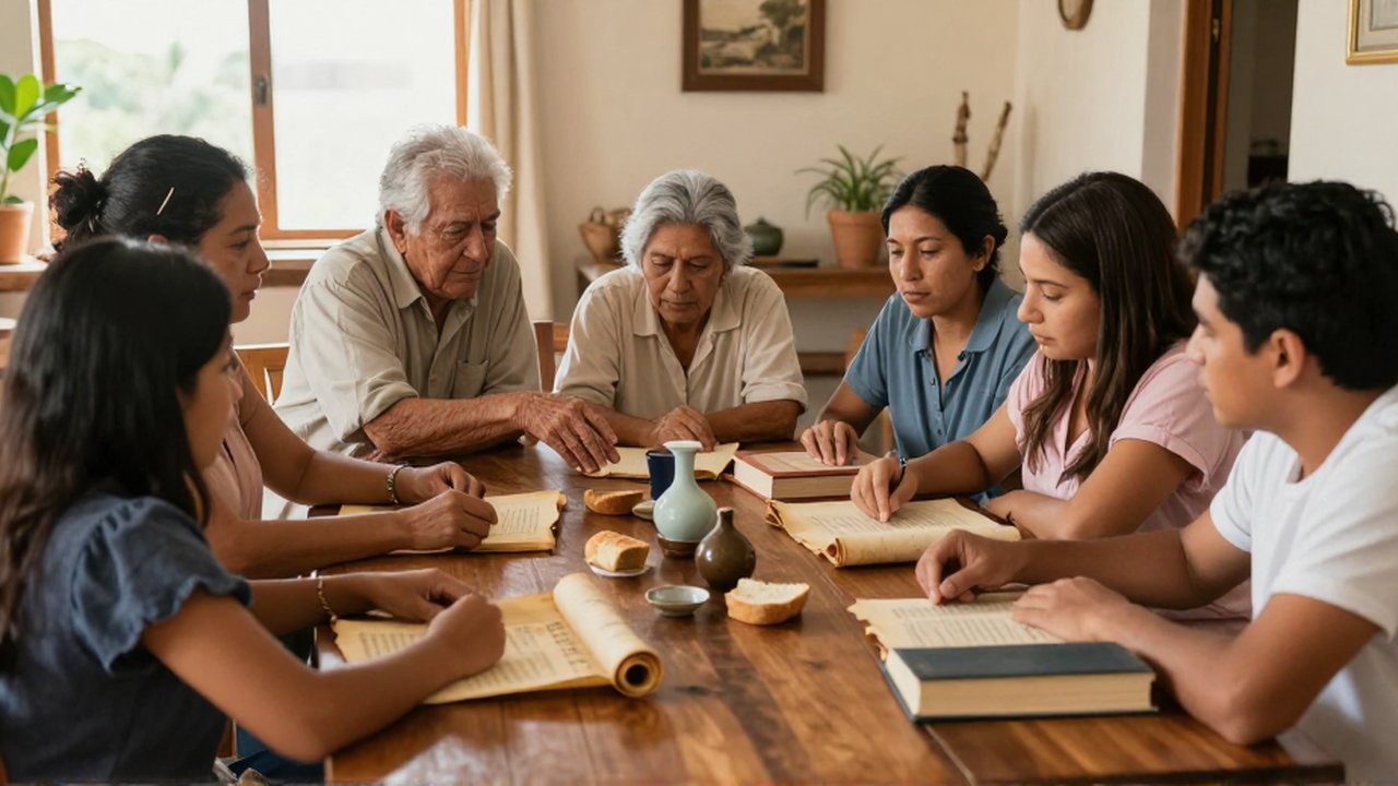 Personas de distintas edades se reúnen alrededor de una mesa de madera con libros y pergaminos.