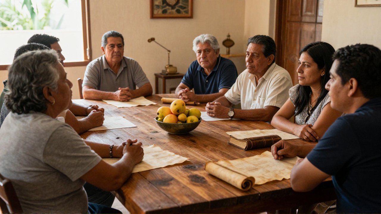 Grupo diverso de personas de distintas edades dialoga alrededor de una mesa de madera con pergaminos y un libro.