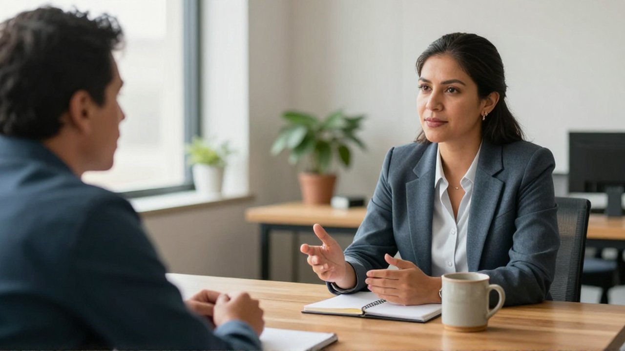 Dos profesionales conversan sentados frente a una mesa de madera en una oficina moderna y luminosa.