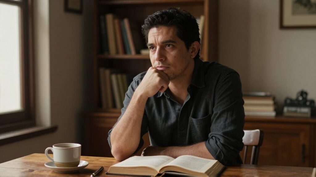 Hombre sentado ante una mesa de madera con un libro abierto