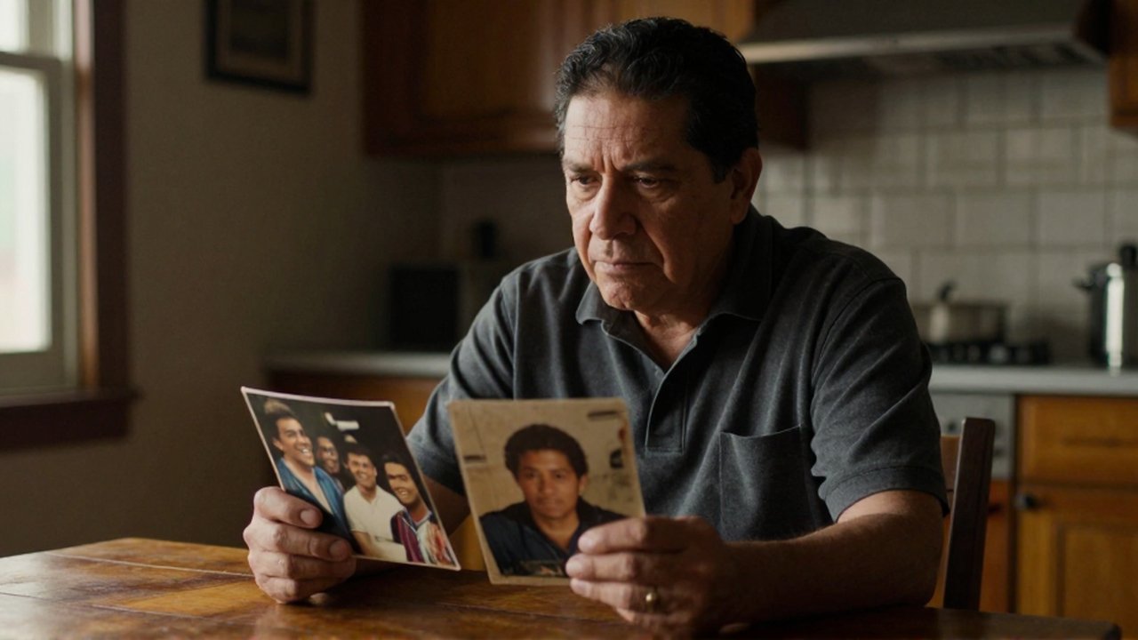 Hombre latinoamericano sentado a una mesa de madera observa pensativo dos fotografías antiguas.