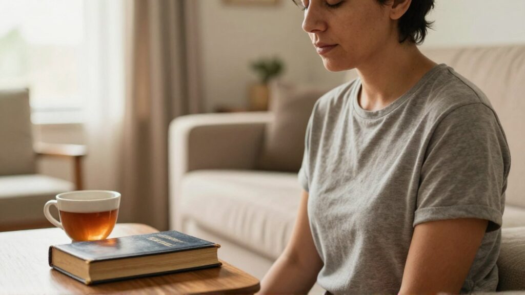 Persona de ascendencia latinoamericana con ojos cerrados sentada junto a una Biblia y una taza de té.