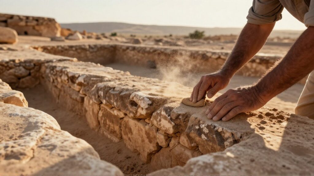 Un arqueólogo limpia con un pincel la arena de una antigua estructura de piedra.