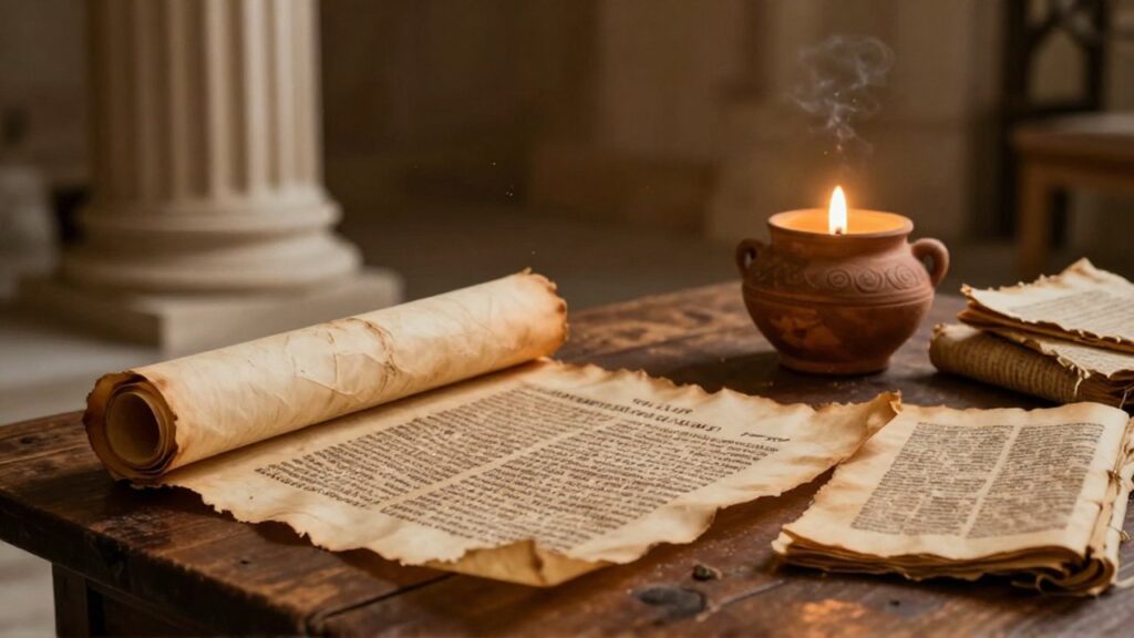 Pergamino y manuscritos griegos sobre una mesa de madera junto a una lámpara de aceite.